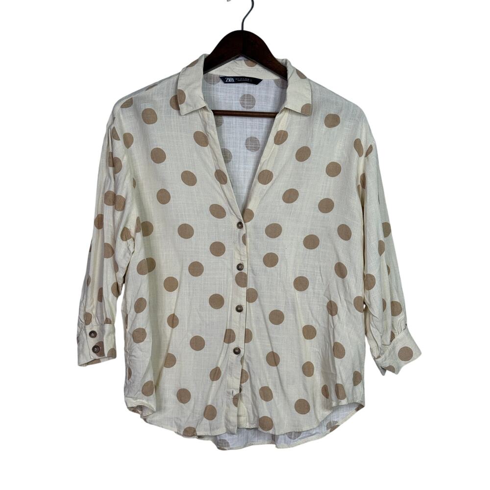 Zara Button Up Shirt Textured Polka Dot Collared Long Sleeve Small Ivory Beige
